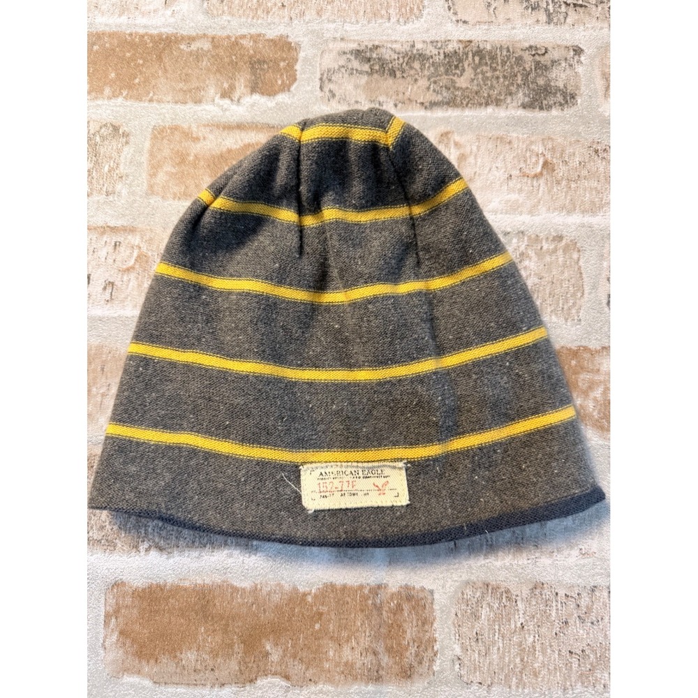American Eagle Mens Reversible Beanie Hat Grey Yellow Striped Eagle Logo Knit